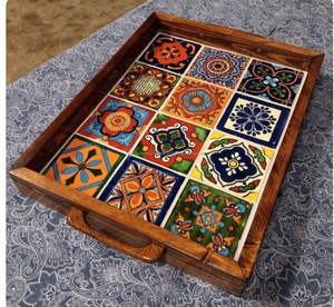 Bandeja de madera MDF esmaltada Art Deco con asas de madera de bambú para servir frutas, café, té, desayuno, alimentos en bodas y fiestas - Product Image 4