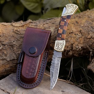 Hand Engraved Brass Accents Handle Damascus Steel Back <b>Lock</b> Folding Knife with Leather Sheath Wholesale Factory Direct OEM ODM - Product Image 1