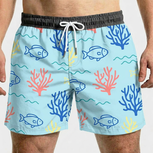 Bañador de hombre azul claro con estampado de peces y corales, de secado rápido, cintura media, con cordón, pantalón corto informal, 100% poliéster, tejido de punto. - Product Image 1