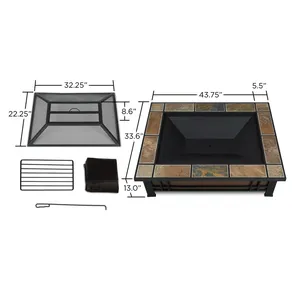 Stone Outdoor Fire Pit Table with Log Grate Spark Screen Cover and Poker 43.75 In Rustic Design for Patio Backyard - Product Image 2