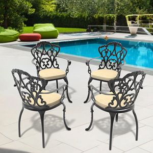 Set di 4 sedie da pranzo da patio in alluminio pressofuso con struttura nera e cuscini in colori assortiti - Product Image 1