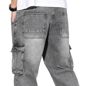 Mens Solid <b>Light</b> Grey Denim Cargo Pants Loose Fit Mid Waist Multi Pocket Casual Washed Utility Jeans - Product Image 4