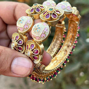 <b>Gold</b> Plated Pota Stone Meenakari Openable Bangle <b>Set</b> 2.4\" Size Fine <b>Jewelry</b> <b>Sets</b> Model 10411659PGR - Product Image 1