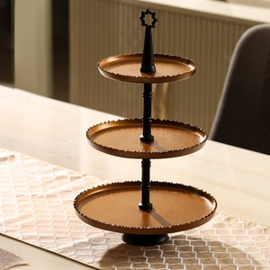 Stunning Three-Tiered Bronze <b>Cake</b> <b>Stand</b> Featuring Scalloped Edge Trays Black Central Rod & A Unique Star Top Handle for Serving - Product Image 1