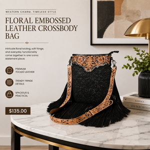 Western Floral Embossed Leather Crossbody Bag Genuine Tooled Leather Fringe Shoulder Purse Cowgirl Boho <b>Handbag</b> for Women Travel - Product Image 5