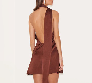 Wholesale Brown Satin Halter Neck Asymmetric Mini <b>Dress</b> Sleeveless Bodycon Fitted Backless Party Wear Summer Neck Tie Mini <b>Dress</b> - Product Image 4