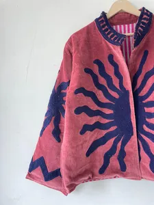 Chaqueta Bomber de Terciopelo Rosa Empolvado, Estilo Boho Vintage, Unisex, Hecha a Mano, con Cuello Mandarín, Bordado a Mano, Abertura Frontal, Corta, de Algodón para Otoño - Product Image 5