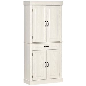 Dispensa da cucina autoportante bianca anticata da 71 pollici con 4 ante e 2 ampi armadietti, mobile alto contenitore e cassettiera per cucina - Product Image 1