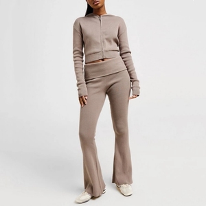 <b>Women's</b> Hooded Zip-Up Crop <b>Sweatshirt</b> Solid Color Knitted Full Sleeve Autumn Wear Breathable Spandex Cotton Blend - Product Image 2