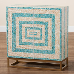 Handcrafted <b>black</b> and white geometric chevron pattern <b>side</b> <b>cabinet</b> serving as a premium storage Capiz nightstand for bedroom - Product Image 4