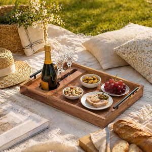 Plateau de service durable en bois d'acacia avec porte-verres à vin, logo gravé au laser, idéal pour pique-niques, fêtes et réceptions, incluant un plateau à charcuterie - Product Image 3
