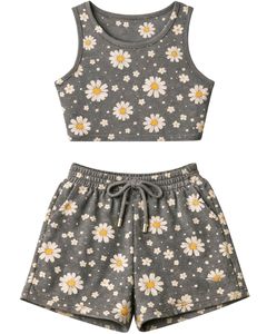Conjunto de dos piezas para mujer: Top corto acanalado y shorts con cordón, estampado floral de margaritas en gris, estilo casual, fabricante personalizado - Product Image 1