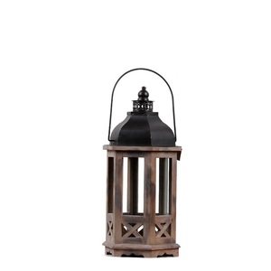 Farmhouse Wood Lantern Home Decor Wood Finish Wooden <b>Hurricane</b> Lantern with Galvanized Metal Top for Indoor Outdoor Use - Product Image 6