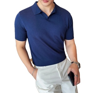 Polo de manga corta para hombre de alta elasticidad 2025, Camiseta de punto con solapa informal sólida ligera de seda helada de verano, ropa para hombre - Product Image 6