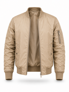 <b>Men's</b> <b>Khaki</b> Bomber Jacket Zipper Closure Casual Style Stand Collar Polyester Material Regular Fit Autumn Wear - Product Image 3