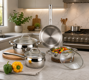 Ensemble d'ustensiles de cuisine modernes en acier inoxydable 7 pièces : Poêle, casserole, faitout, couvercle en verre, qualité export OEM - Product Image 6