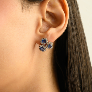 Classy Three Stone Cluster Natural Blue Sapphire Gemstone Beautiful Handmade 925 Sterling <b>Silver</b> <b>Stud</b> Earrings for Girls - Product Image 4