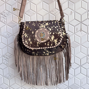 Bolso de mano de cuero auténtico con pelo metálico, estilo occidental, con flecos de piel, para mujer, regalos - Product Image 1