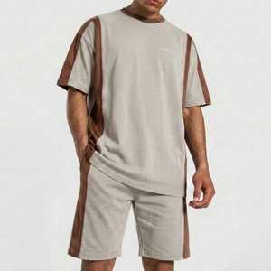 Ensemble décontracté d'été pour homme, t-shirt col rond beige et marron et short assorti, color block, tissu tricoté respirant - Product Image 6