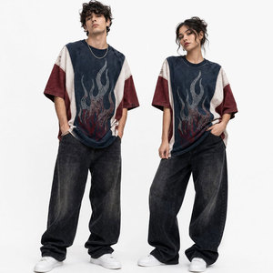 Men's Oversized Rhinestone <b>Flame</b> Print T-<b>Shirt</b> Short Sleeve O-Neck Street Style Contrast Trim Red White Pattern Woven Fabric - Product Image 5