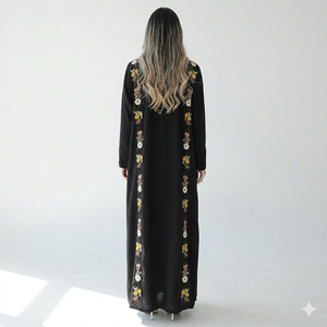Abaya longue maxi brodée florale de créateur, robe islamique de luxe à ouverture frontale, élégante abaya noire brodée - Product Image 4
