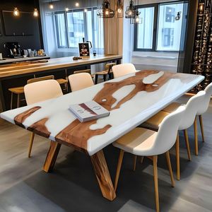 Table à manger moderne en bois massif avec bord naturel et plateau en résine époxy bleue, construction artisanale durable, 6 places, idéale pour appartement - Product Image 1