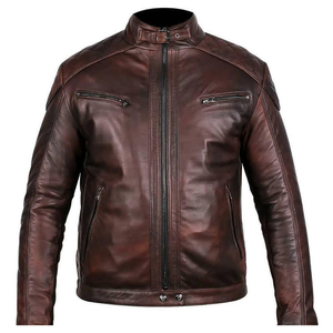 Veste en cuir marron pour homme, en cuir véritable, en peau de mouton, veste en cuir véritable pour moto - Product Image 1
