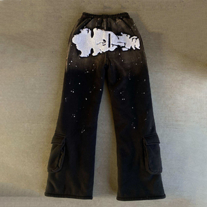 Pantalon décontracté à jambe large pour homme, 100% coton, style streetwear, avec logo imprimé en relief personnalisé, délavé à l'acide et orné de strass, qualité supérieure - Product Image 1