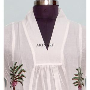 Vestido Midi de Algodón Blanco Hecho a Mano para Mujer, Estilo Boho, Corte Holgado, Estampado a Bloque Ecológico, Informal, para Vacaciones - Product Image 2