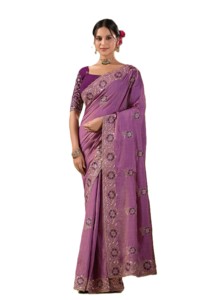 Sari en soie de mousseline violette avec motif floral brodé, sari indien traditionnel pour mariage, pour femmes, longueur standard, toutes saisons - Product Image 5