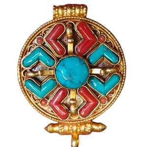 Colgante Religioso Tibetano Budista Hecho a Mano para Niños, de Piedra Natural Chapada en Oro de 0.5m, Marca Asthamangal, Hecho a Mano en Nepal - Product Image 1