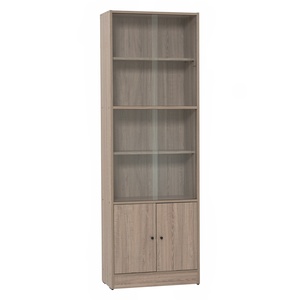 Wood Grain Bookcase Storage Cabinet Floor <b>Standing</b> Display Bookshelf with Glass <b>Doors</b> and Closed Cupboards - Product Image 1