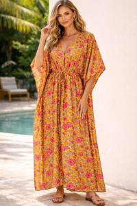 Vestido Kaftán de Algodón con Estampado Floral Rosa para Mujer, Estilo Boho, para Vacaciones en la Playa - Product Image 4