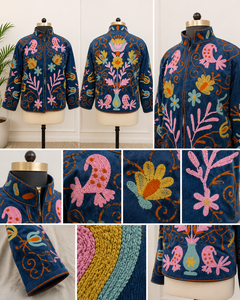 Suzani Embroidery Bomber Jacket Handmade <b>Needlework</b> Women Blue Corduroy Boho Party Wear Bird Motif Side Pockets Vintage Coat - Product Image 5