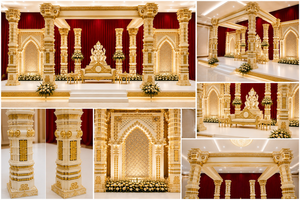 Montaje de Mandap de Boda de Lujo con Temática de Palacio en Blanco y Dorado, Montaje de Mandap de Boda Hindú Clásico con Pilares Tallados en Oro - Product Image 2