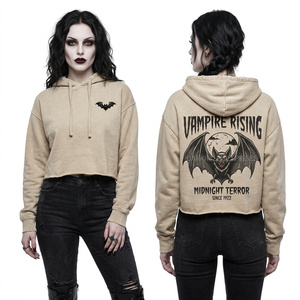 Custom Khaki Hoodie Women Oversized Streetwear Pullover Bat Skull <b>Back</b> Graphic Print Vintage <b>Drop</b> Shoulder Hooded Top - Product Image 6