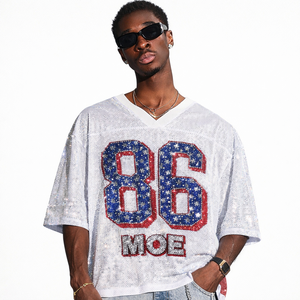 เสื้อฟุตบอลอเมริกันปักเพชรทั้งตัว ทรงโอเวอร์ไซส์ ผ้าตาข่าย ขายดี รับทำโลโก้ตามสั่ง เสื้อทีมสตรีทแวร์ รับผลิตจำนวนมาก (OEM) - Product Image 2