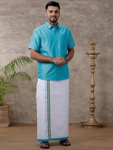 RAMRAJ LINEN Conjunto de Camisa Azul Jelly de Manga Larga Ecológica para Hombre con Borde a Juego y Pantalón Dhoti |   Ocasión Especial de Verano - Product Image 5