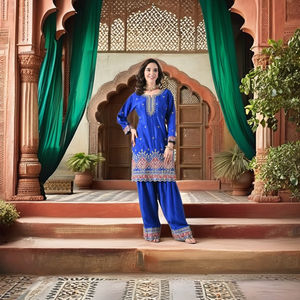 Ensemble de costume traditionnel Salwar Kameez en chinon lourd de la même couleur, élégant, avec sharara intérieur et dupatta pour les occasions de fête - Product Image 1