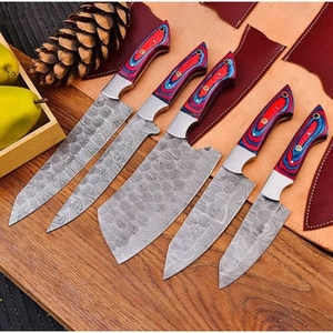 Ensemble de couteaux de cuisine professionnels très vendus, 5 pièces, couteau de chef en acier Damas avec manche en bois - Product Image 4