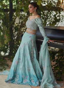 off Shoulder Embroidered <b>Lehenga</b> Set Floral Beaded Two Piece Wedding Dress Long Sleeve Banarasi Style Detachable Train Illusion - Product Image 2