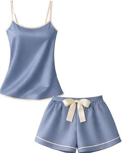 Ensemble pyjama personnalisé en satin bleu poussière avec short et caraco pour femme, vêtements de nuit doux en soie, ensemble deux pièces d'été avec nœud - Product Image 1