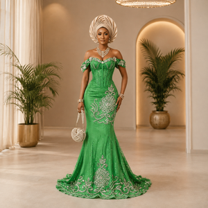 Tissu George vert perlé fait main avec broderie argentée, détails en sequins et bordure ornée pour vêtements africains de luxe - Product Image 1