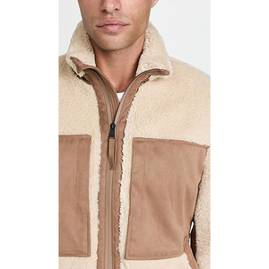 <b>Men's</b> Cream Color Block <b>Sherpa</b> <b>Jacket</b> Stand Collar Zipper Closure With <b>Sherpa</b> Lining Windproof Winter Casual Outerwear OEM - Product Image 5