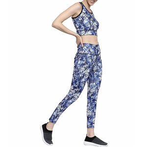 Women 2 Piece Yoga Set High Waist Leggings Racerback Sports <b>Bra</b> Full Length Activewear <b>Blue</b> Abstract Print Breathable Spandex - Product Image 3