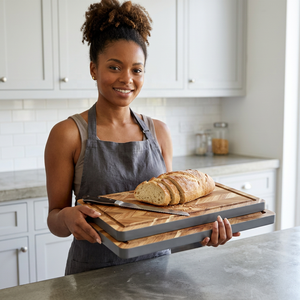 Planche à découper rectangulaire en bois d'acacia à grain traversant, grande planche de cuisine, plateau de service avec rainure pour les jus, durable et non toxique - Product Image 1