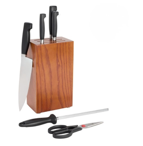 Ensemble de couteaux de cuisine verticaux marron avec manches noirs, lames argentées, ciseaux et aiguiseur pour trancher, couper et préparer les aliments - Product Image 6