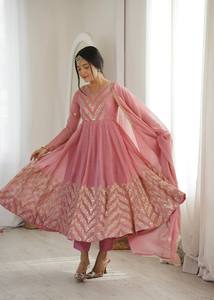 Pink Anarkali Suit Embroidered Indian Dress Sharara Set V Neck Floor-Length Loose Fit Sun Protection Net Dupatta Wedding - Product Image 4
