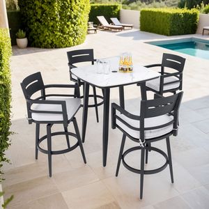 Set Bar da Esterno Moderno 5 Pezzi Nero Ember con Tavolo Quadrato Arrotondato in Pietra Sinterizzata e 4 Sedie Girevoli con Telaio in Alluminio Antiruggine - Product Image 2