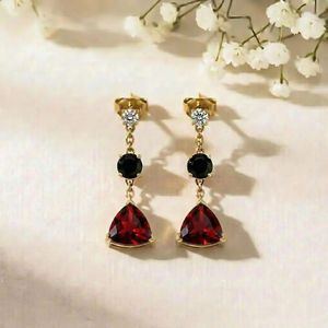 Natural Garnet Trillion Shape <b>Stud</b> Earrings With Black Obsidian Round Faceted Drop And CZ Accent Handmade <b>Sterling</b> <b>Silver</b> - Product Image 3